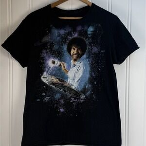 Bob Ross Space Galaxy Graphic T-Shirt Men's Large Black Cosmic Art Tee